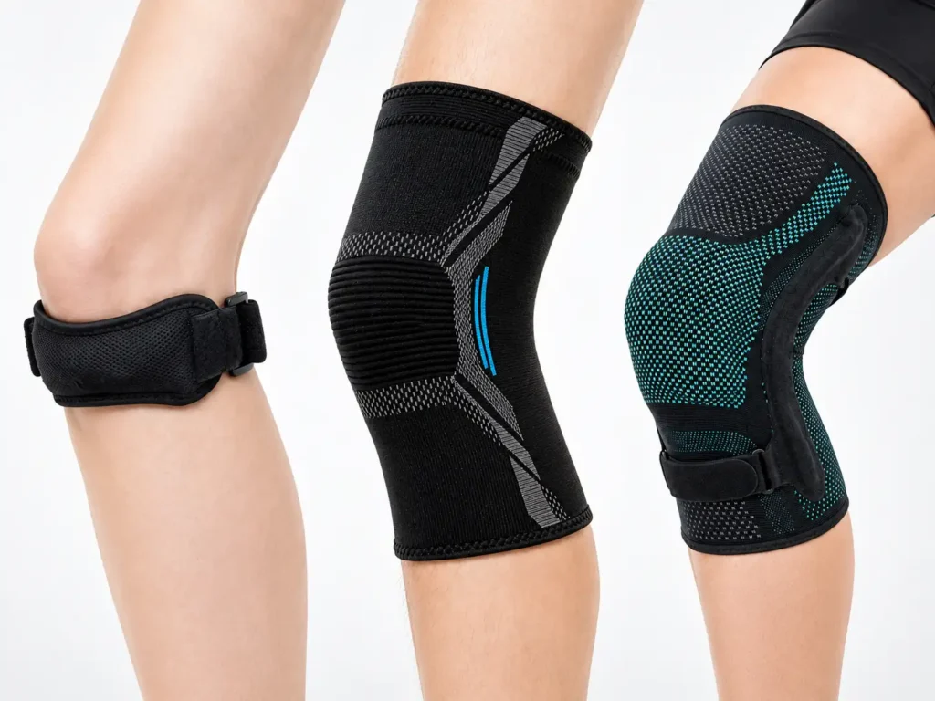 Comparison of knee support types including a patellar strap, compression knee sleeve, and reinforced knee sleeve with side stabilizers.