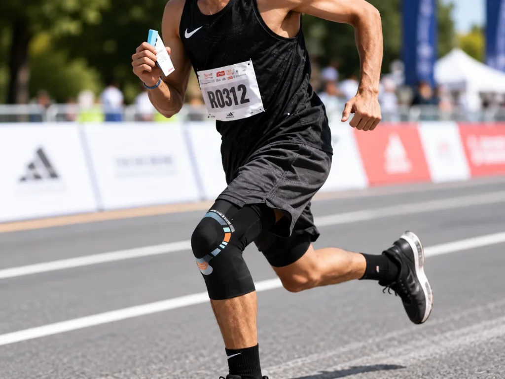Runner wearing a black knee compression support sleeve during a road race for active knee support.