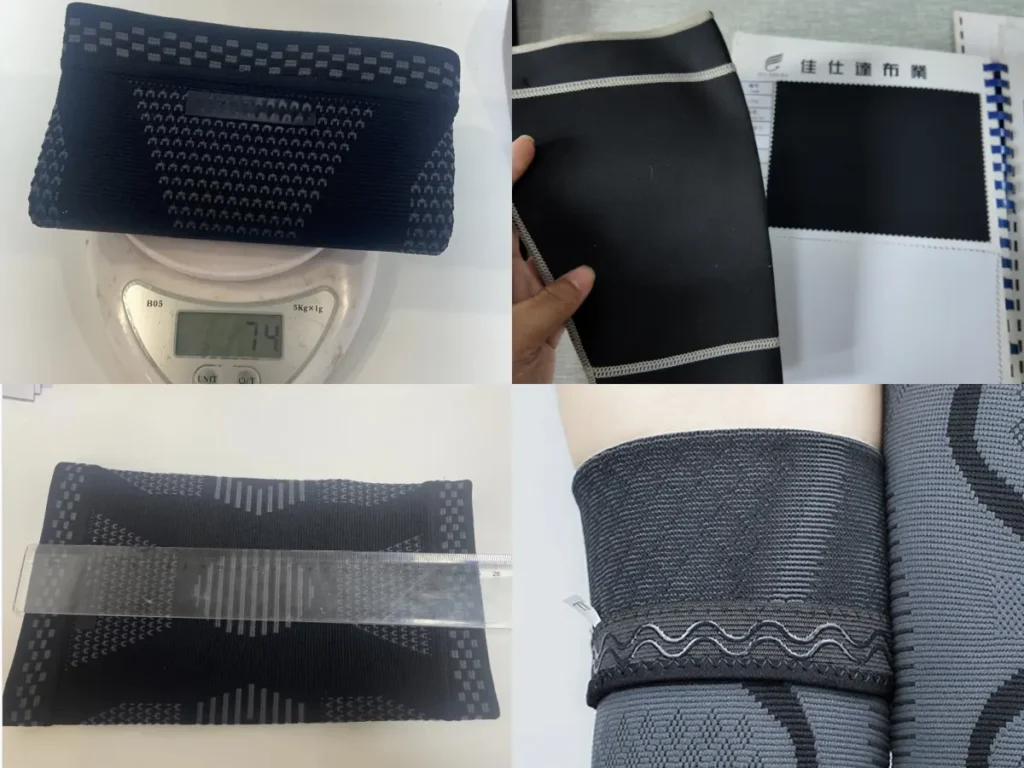 Running knee support sample evaluation for sizing, stitching and closure quality