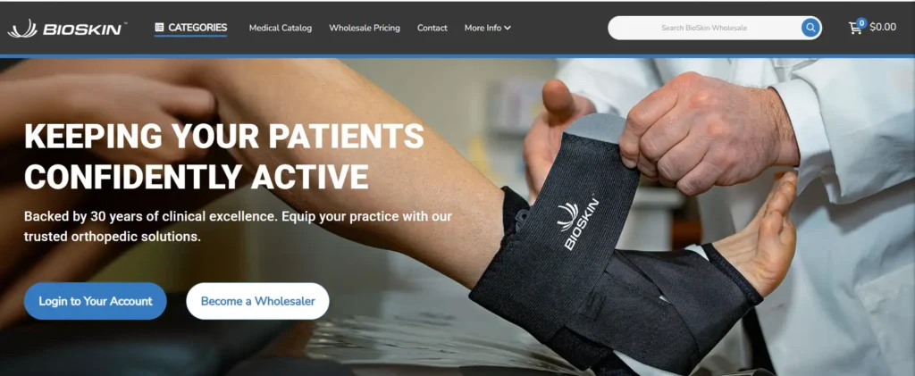 BioSkin website homepage showing an orthopedic ankle brace being fitted by a healthcare professional.
