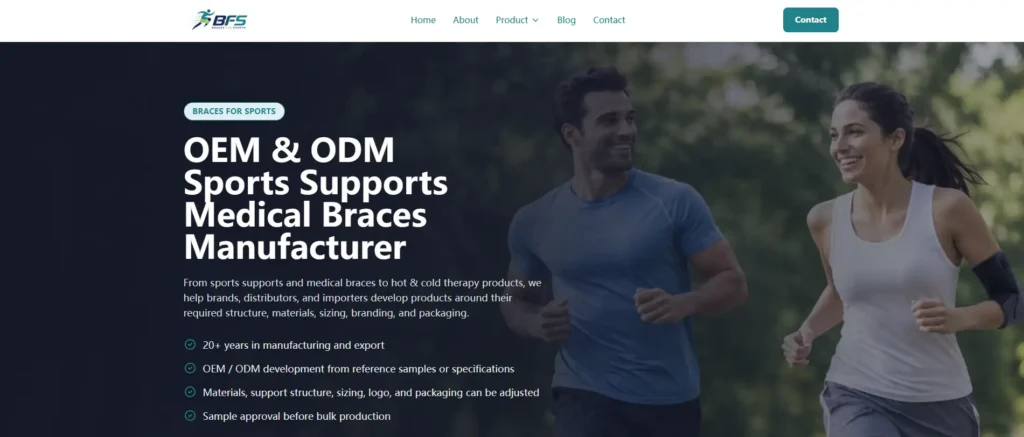 Braces for Sports homepage featuring two runners and OEM ODM sports supports and medical braces manufacturing services.