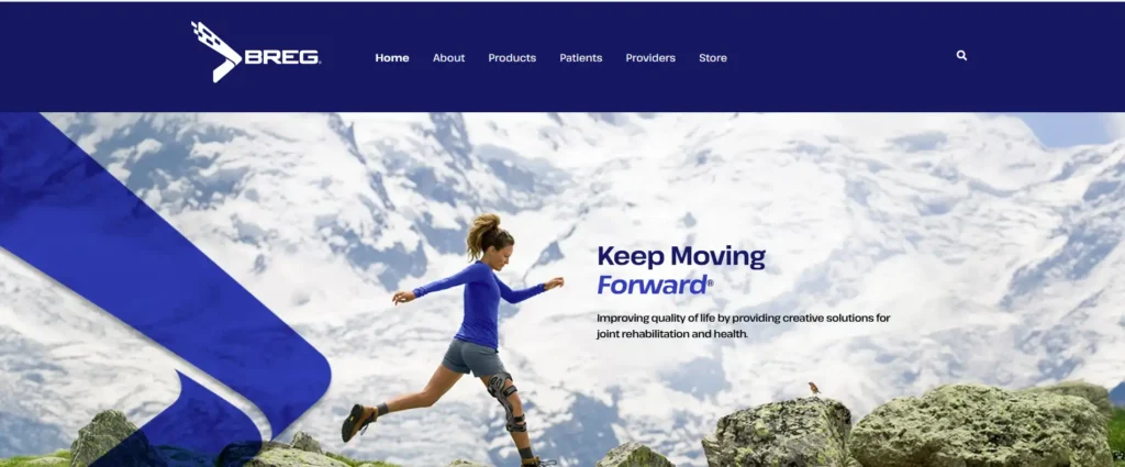 Breg website homepage showing an athlete running outdoors while wearing a knee brace.