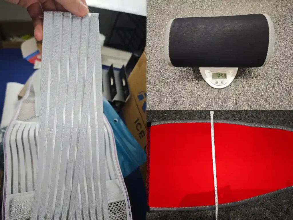 Waist support quality inspection showing elastic support material, product weight check, and dimension measurement.