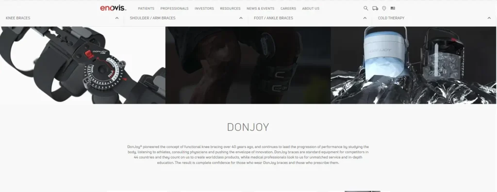 DonJoy brand webpage showing knee brace, shoulder brace, and cold therapy product categories.