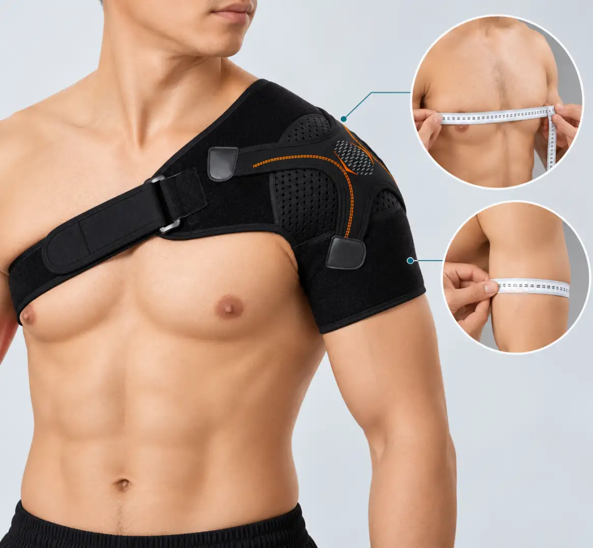 Shoulder brace sizing and fit assessment using chest and upper arm measurements