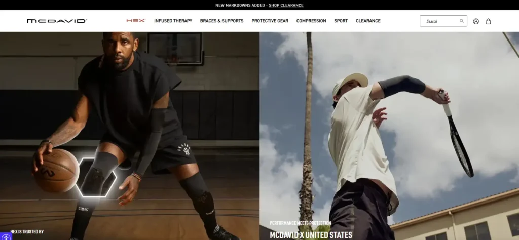 McDavid website homepage featuring basketball and baseball athletes wearing sports support products.