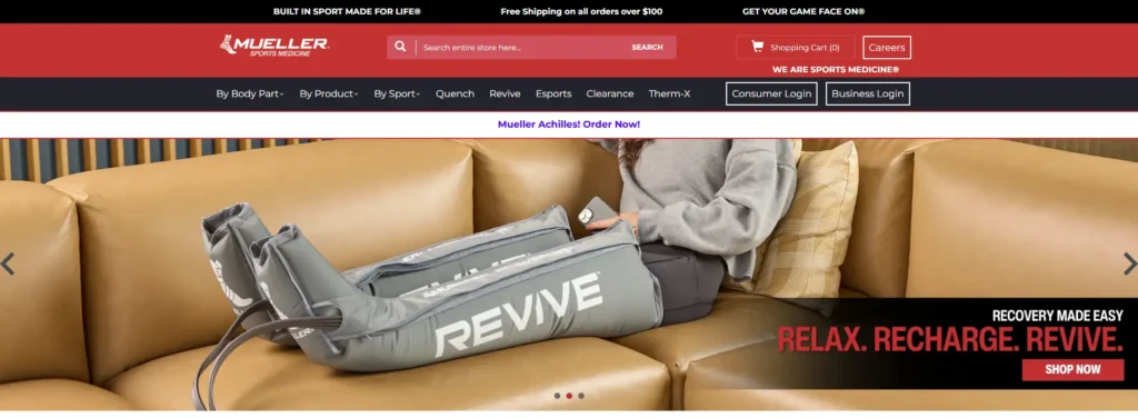 Mueller Sports Medicine website showing a person using pneumatic leg recovery compression sleeves on a sofa.