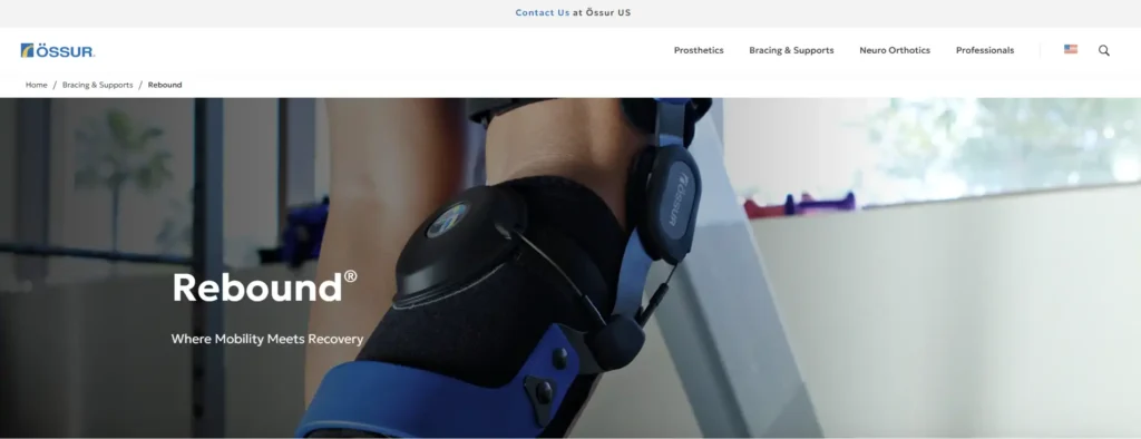 Össur website showing a close-up of a Rebound orthopedic knee brace worn on the leg.