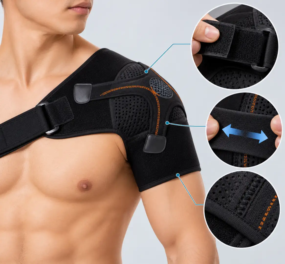 Shoulder brace hook-and-loop fasteners, reinforced stitching and durable elastic fabric details