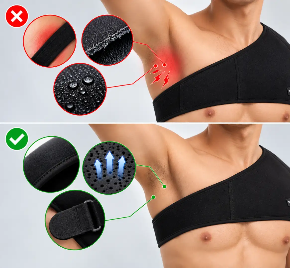 Shoulder support brace with wide adjustable straps, soft edge binding and breathable lining