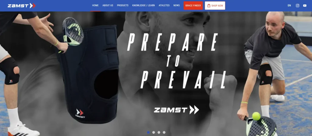 Zamst website homepage showing athletes playing padel while wearing black knee supports.